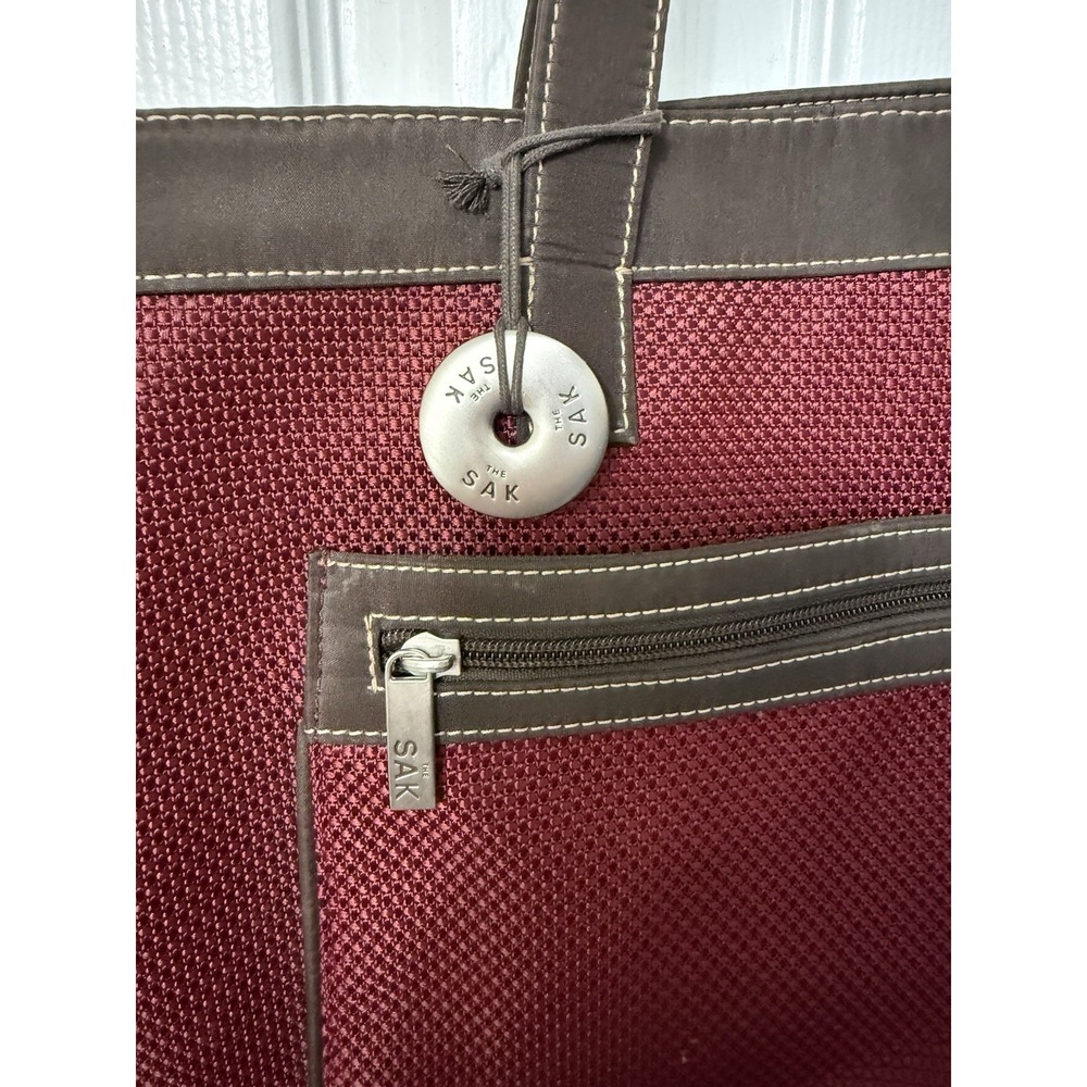 The Sak Burgundy Woven Tote Bag Large Traveler Weekender Leather Trim Purse - Picture 3 of 5